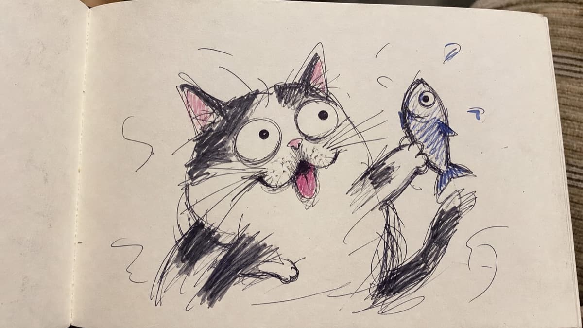 猫与蓝鸟手绘示例